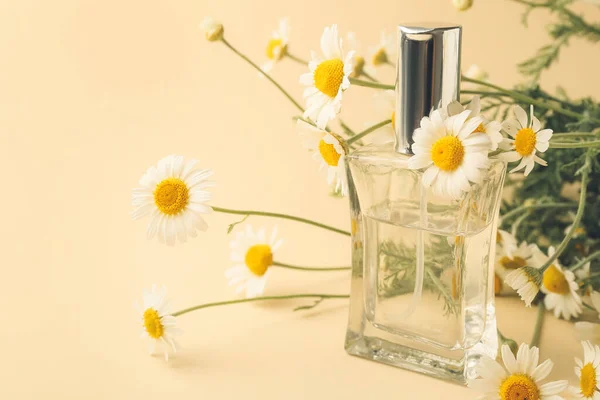 Fles Van Bloemen Parfum Kleur Achtergrond — Stockfoto