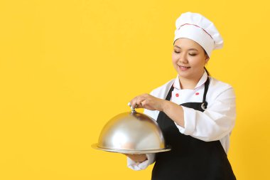 Renkli tepsisi olan güzel bir Asyalı şef.