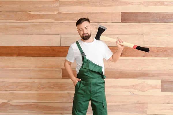 Handsome Lumberjack Wooden Background — Stock Photo, Image