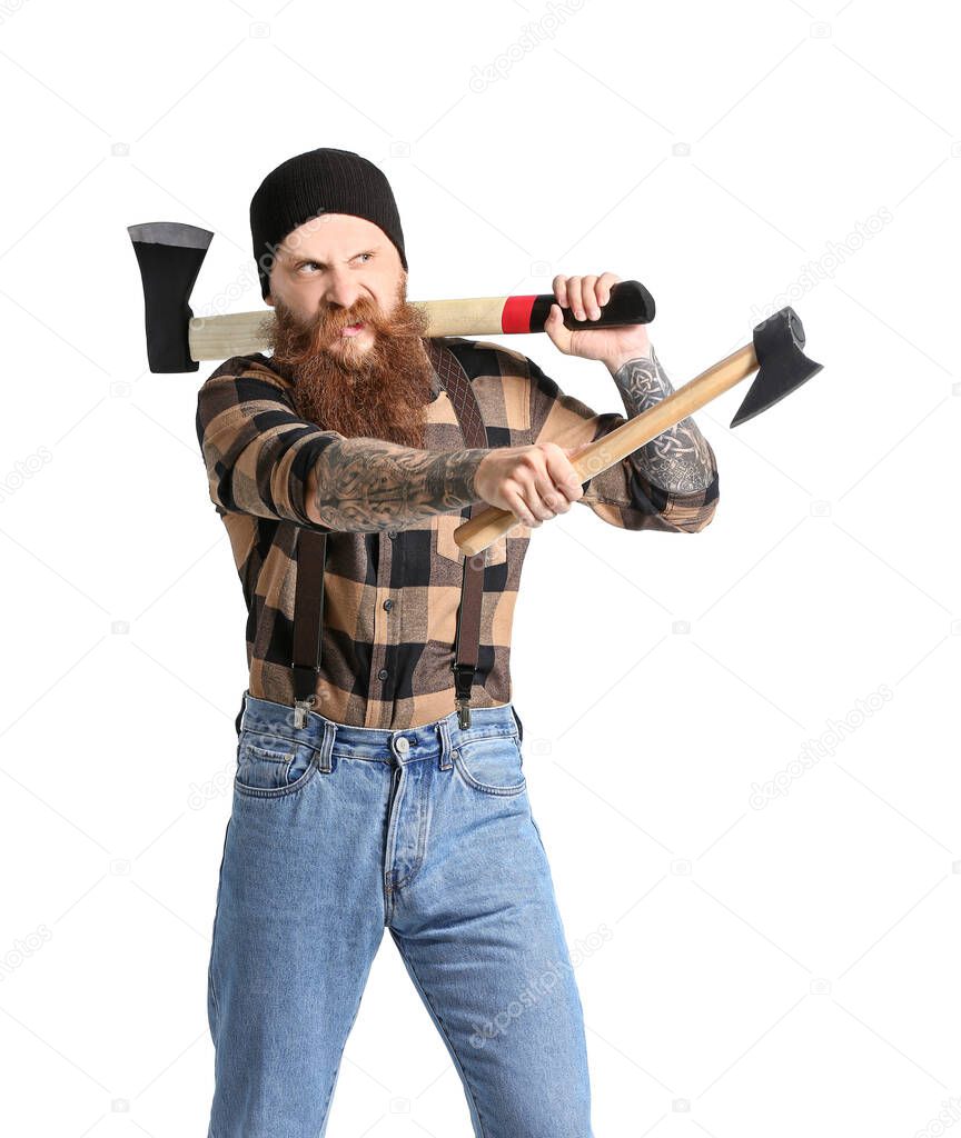 Handsome lumberjack on white background