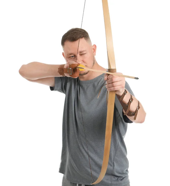Pria Pemanah Tampan Dengan Busur Latar Belakang Putih — Stok Foto
