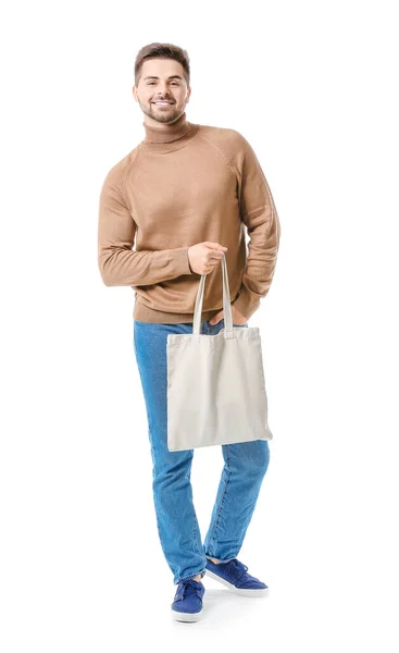 Young Man Eco Bag White Background — Stock Photo, Image