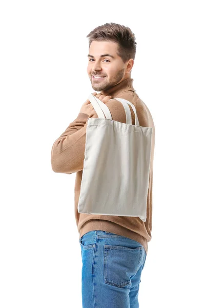 Junger Mann Mit Öko Tasche Auf Weißem Hintergrund — Stockfoto