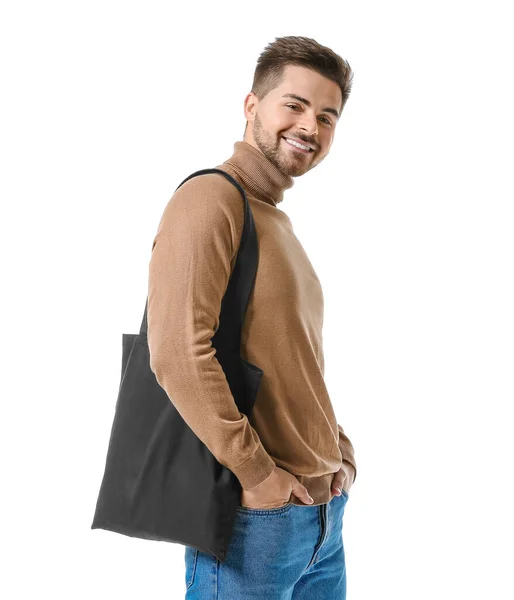 Junger Mann Mit Öko Tasche Auf Weißem Hintergrund — Stockfoto