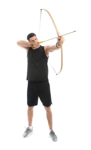 Hombre Guapo Con Ballesta Sobre Fondo Blanco — Foto de Stock