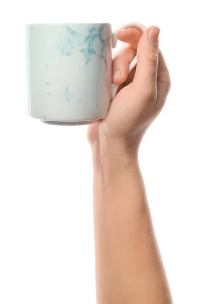 Kvinna Hand Med Kopp Kaffe Vit Bakgrund — Stockfoto
