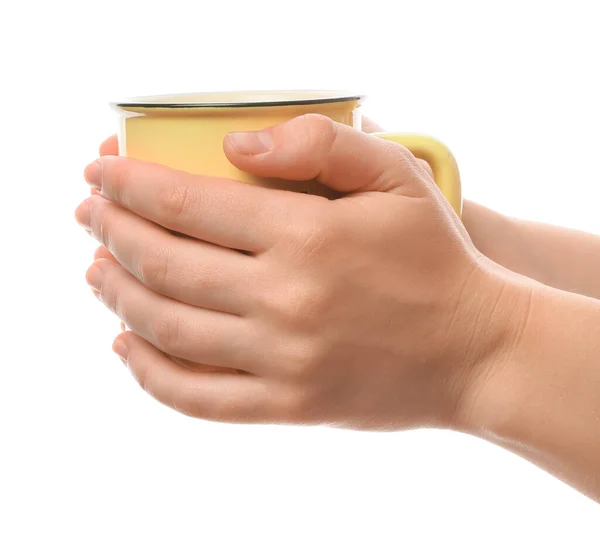 Female Hands Cup Coffee White Background — Stock Photo, Image