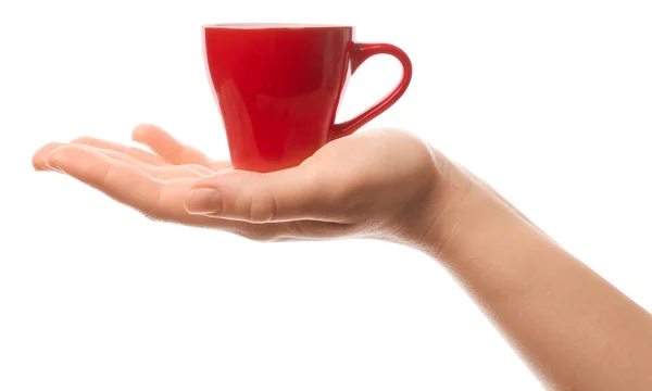 Main Féminine Avec Une Tasse Café Sur Fond Blanc — Photo