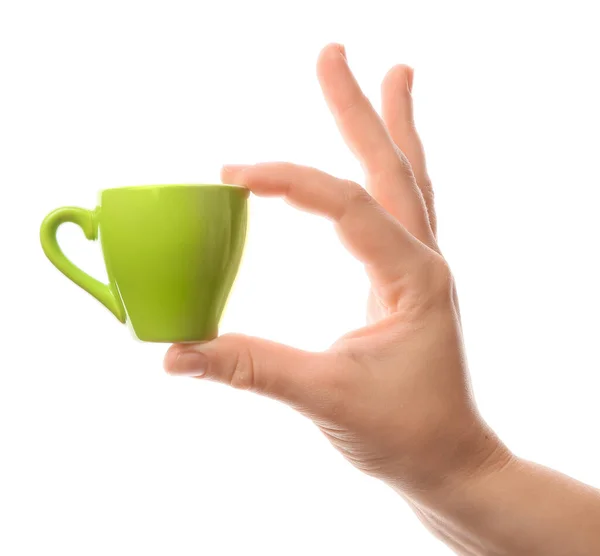 Main Féminine Avec Une Tasse Café Sur Fond Blanc — Photo