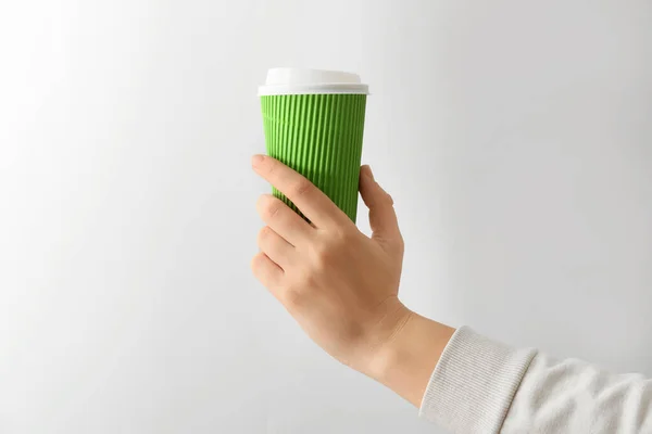 Female Hand Cup Coffee Grey Background — Stock Photo, Image