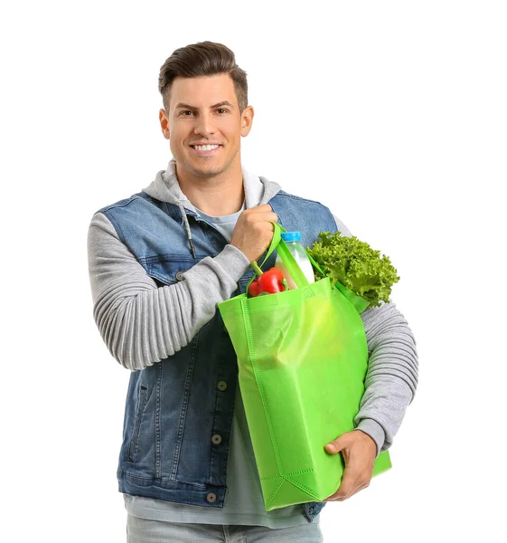 Young Man Holding Bag Food White Background — Stock Photo, Image