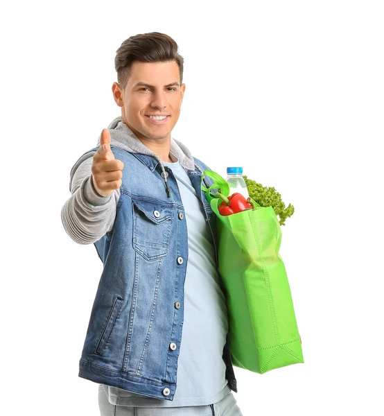 Jovem Com Comida Saco Apontando Para Espectador Fundo Branco — Fotografia de Stock