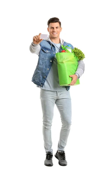 Joven Con Comida Bolsa Tarjeta Visita Sobre Fondo Blanco — Foto de Stock