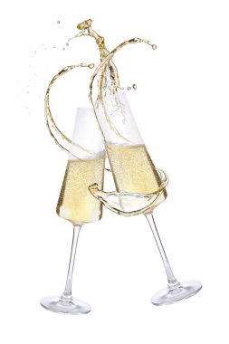 Beyaz arka planda şapırdayan şampanya kadehleri.