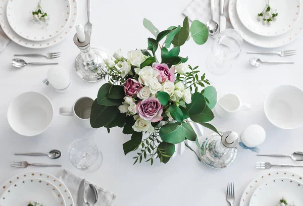 Beautiful Table Setting Floral Decor White Background — Stock Photo, Image
