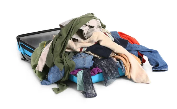 Suitcase Heap Clothes White Background — Stock Photo, Image