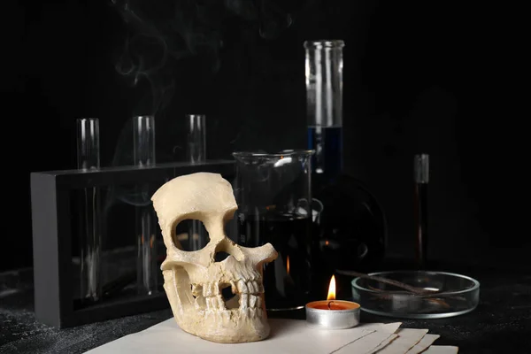 Potions Human Skull Candle Alchemist Table — Stock Photo, Image