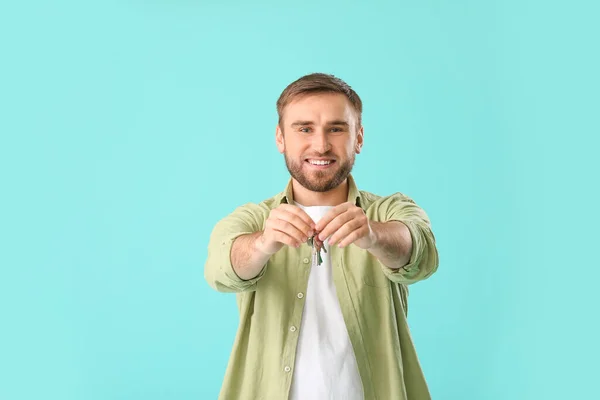 Happy Young Man Key Color Background — Stock Photo, Image