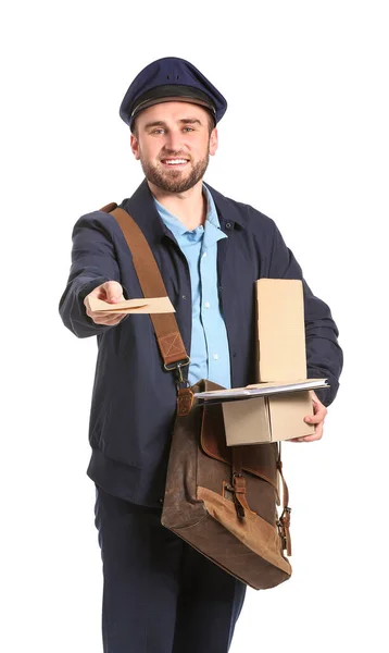 Handsome Young Postman White Background — Stock Photo, Image