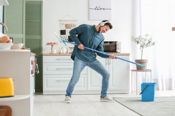 Handsome Young Man Having Fun While Mopping Floor Kitchen — Stock Photo, Image