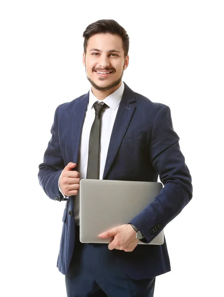 Handsome Young Businessman Laptop White Background — Stock Photo, Image