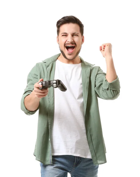 Счастливый Молодой Человек Играет Видеоигры Белом Фоне — стоковое фото