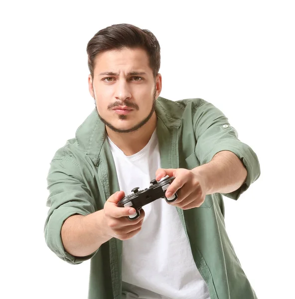 Schöner Mann Spielt Videospiel Auf Weißem Hintergrund — Stockfoto