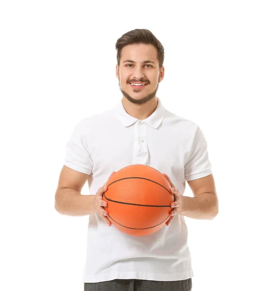 Jovem Desportivo Com Bola Fundo Branco — Fotografia de Stock