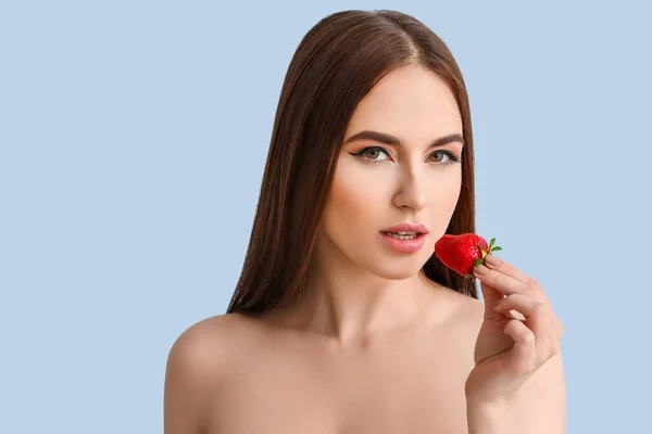 Sexy Young Woman Strawberry Color Background — Stock Photo, Image