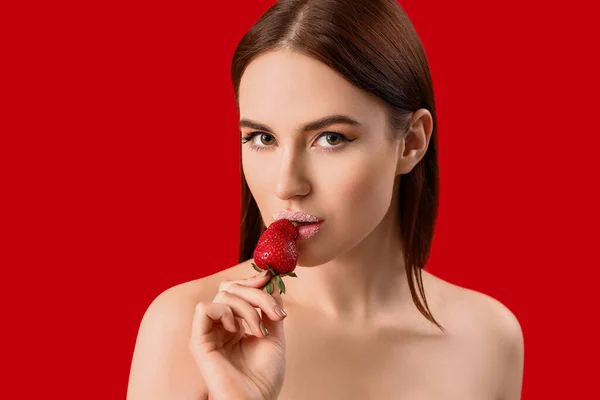 Sexy Young Woman Strawberry Color Background — Stock Photo, Image