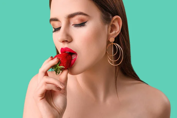 Sexy Young Woman Strawberry Color Background — Stock Photo, Image