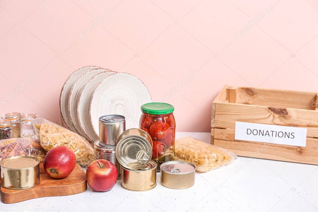 Different products on table. Donation concept