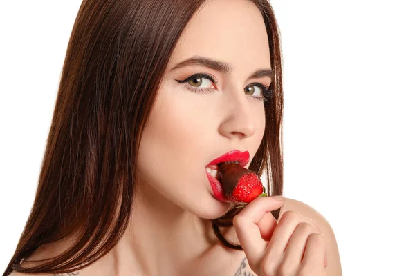 Sexy Young Woman Strawberry White Background — Stock Photo, Image