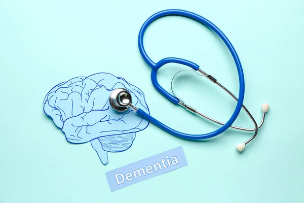 Word Dementia Human Brain Stethoscope Color Background — Stock Photo, Image