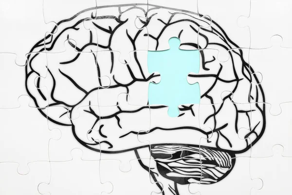 Puzzle Kresleným Lidským Mozkem Barevném Pozadí Pojem Demence — Stock fotografie