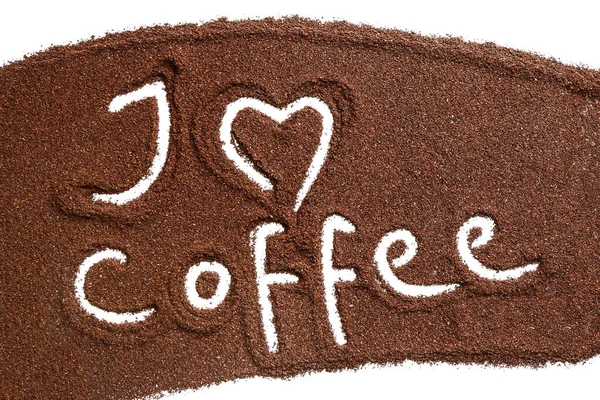 Tekst Love Coffee Proszkiem Białym Tle — Zdjęcie stockowe