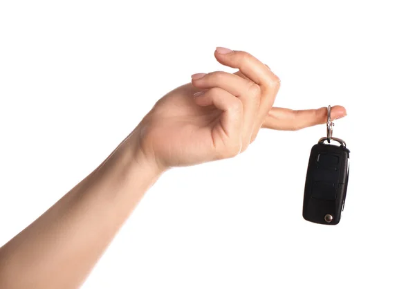 Weibliche Hand Mit Autoschlüssel Auf Weißem Hintergrund — Stockfoto