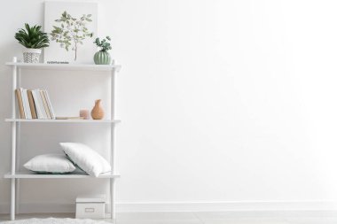 Shelf unit with decor near light wall