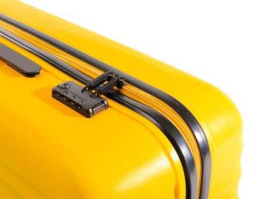 Beyaz arkaplanda kilitli bavul, kapat