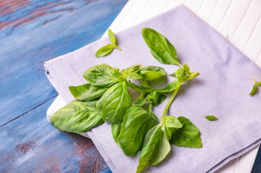 Ahşap arka planda taze yeşil fesleğen