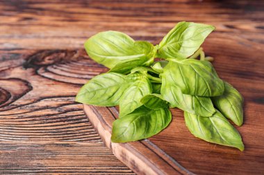 Tahta masada taze yeşil fesleğen