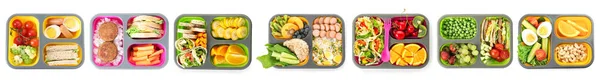 Set Lunchboxen Mit Leckerem Essen Auf Weißem Hintergrund — Stockfoto