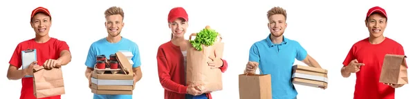 Set Food Delivery Service Couriers White Background — Stock Photo, Image