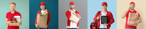 Couriers Food Delivery Service Color Background — Stock Photo, Image