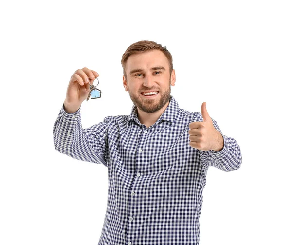 Happy Young Man Key Showing Thumb White Background — Stock Photo, Image