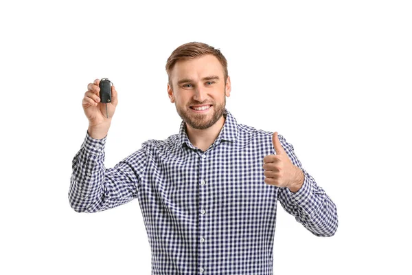 Happy Man Car Key Showing Thumb White Background — Stock Photo, Image