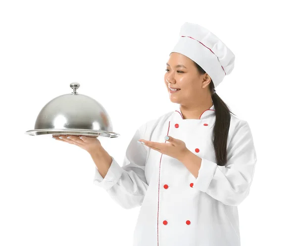 Magnifique Chef Asiatique Avec Plateau Sur Fond Blanc — Photo