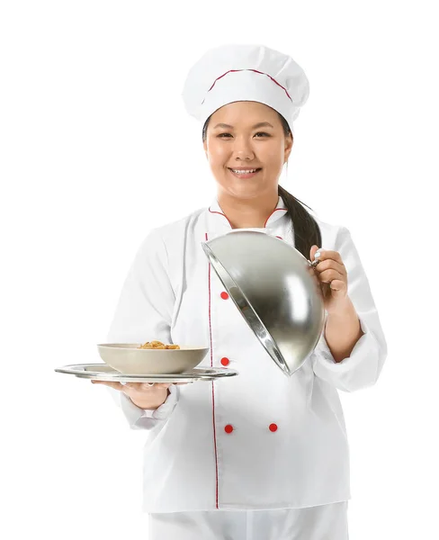 Magnifique Chef Asiatique Avec Plat Sur Fond Blanc — Photo