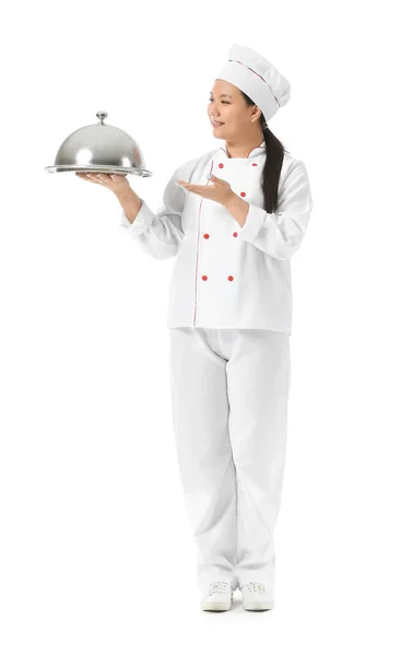 Bellissimo Chef Asiatico Con Vassoio Sfondo Bianco — Foto Stock