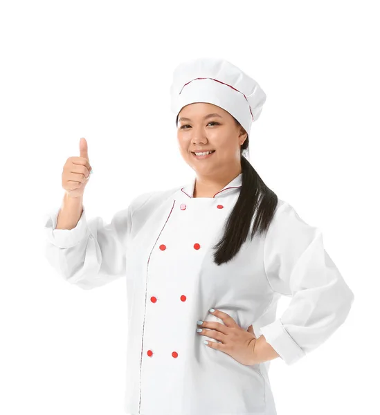 Belo Chef Asiático Mostrando Gesto Polegar Para Cima Fundo Branco — Fotografia de Stock